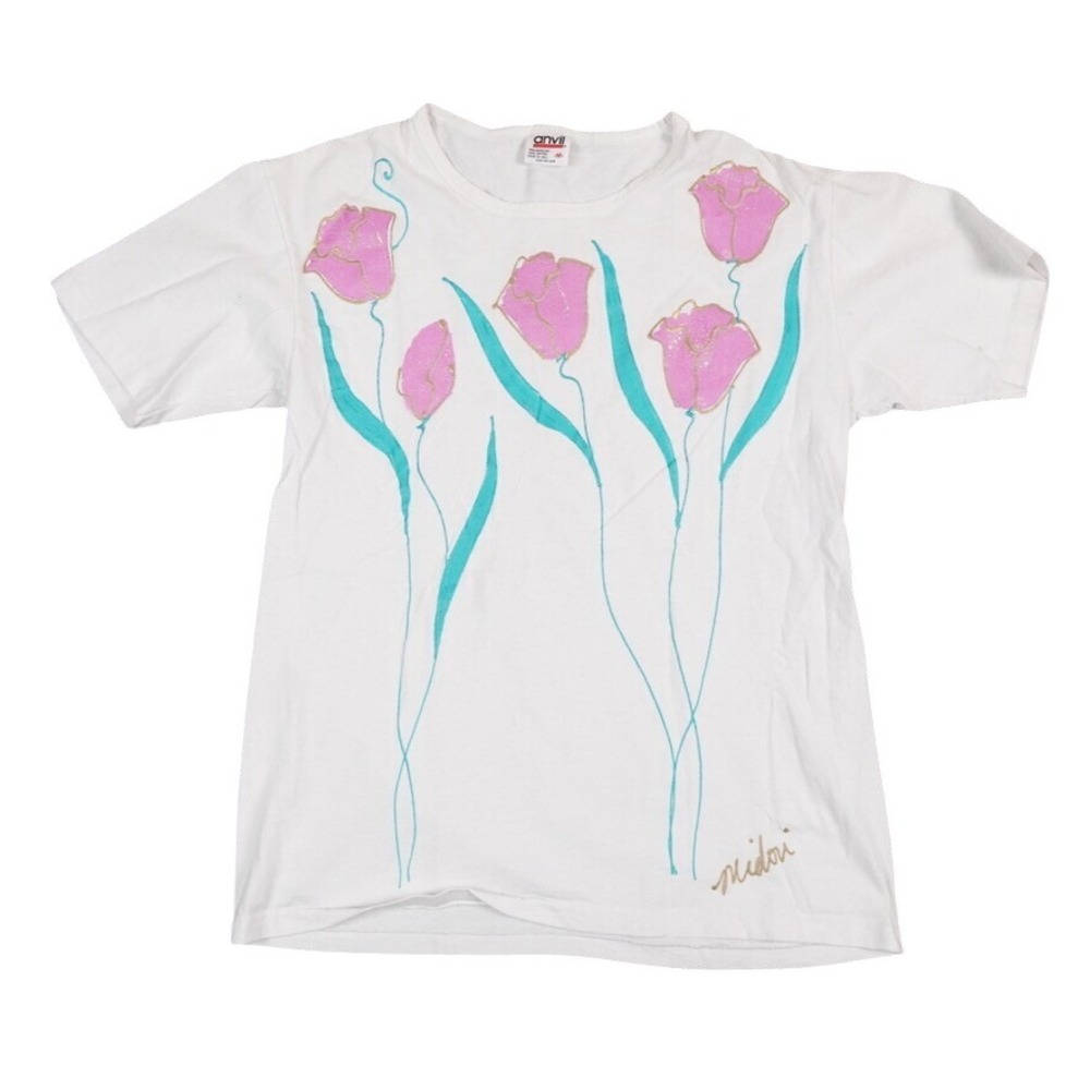 VTG Midori Spring Tulips Adult Medium White Pink Tulip Signed Painted USA Anvil